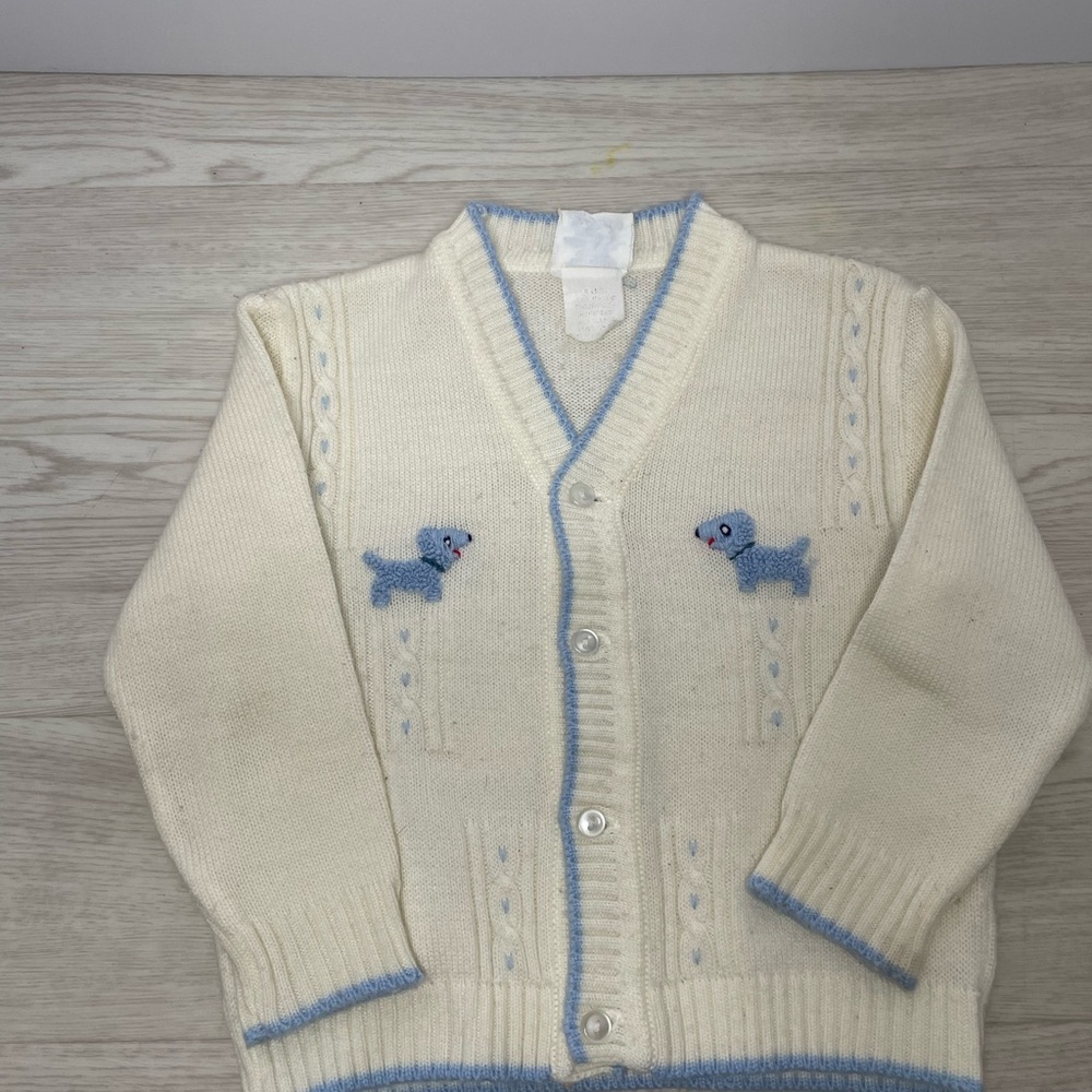 VNTG Nann-Knits Off White&Blue Dogs 9-12months Cardigan Sweater Acrylic Unisex - Picture 4 of 11